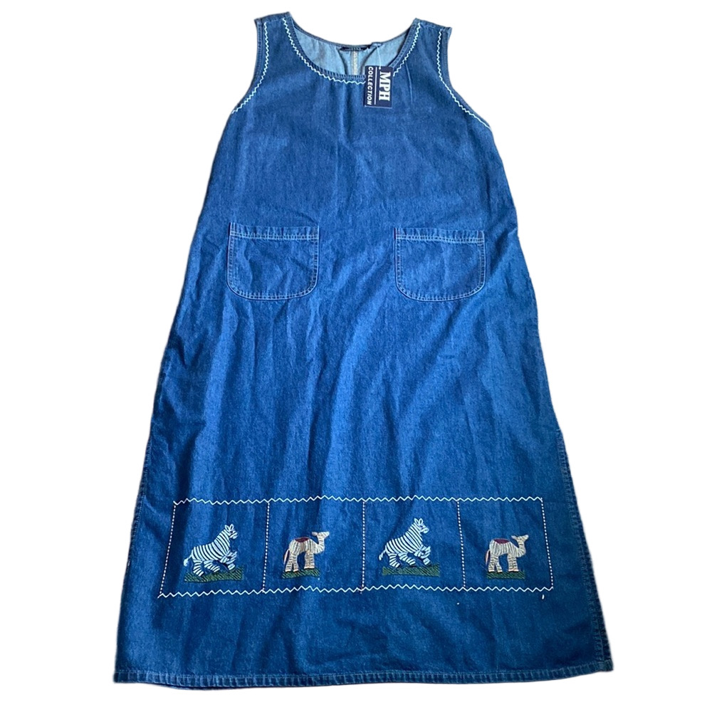 NWT MPH Collection Denim Jumper Dress SIZE 2X Embroidered Safari Animal Midi